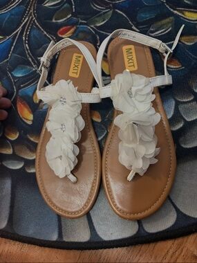 Mixit White Floral T-Strap Sandals for Women with Tan Footbed